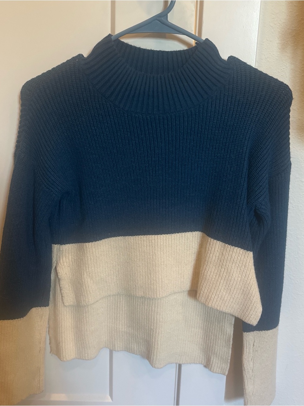 Colorblock Mock Neck Sweater - Navy and Cream